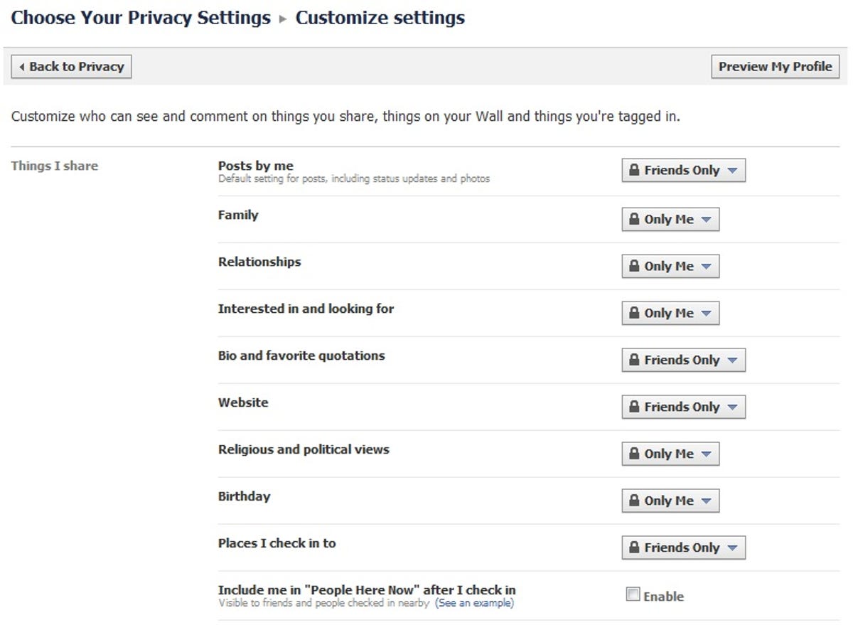 Facebook Privacy Settings page