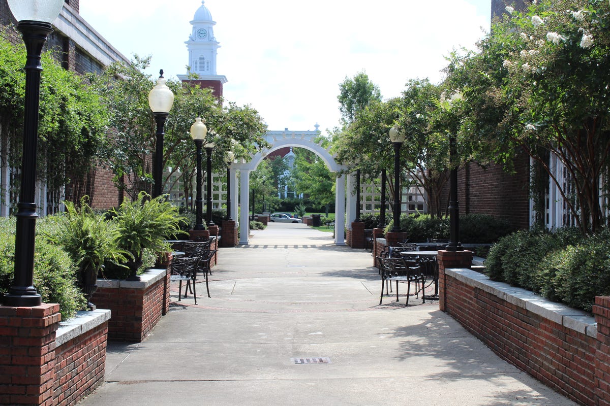 Beautiful site of greenery down a walkway, and historic buildings in the background in downtown Opelika.