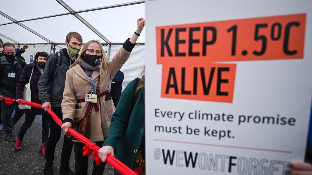 Climate protesters at COP26 brandish banners to 
