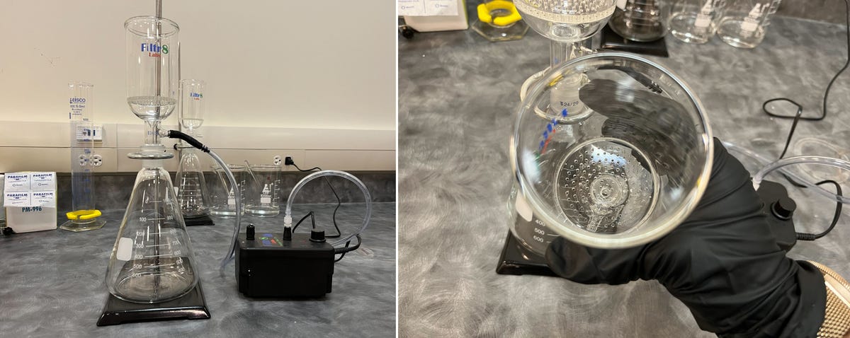 Two images show a vacuum filtration setup in the CNET product testing lab. Small amounts of drain cleaner mixed with water and various types of dissolved solids are passed through a funnel plate to see how effectively the drain cleaners dissolve clogs.