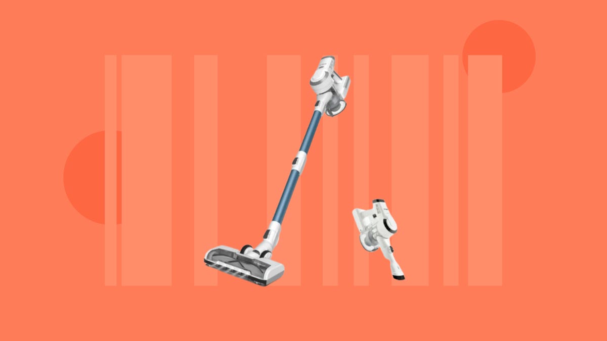 The Tineco C2 cordless stick vacuum is displayed against an orange background.