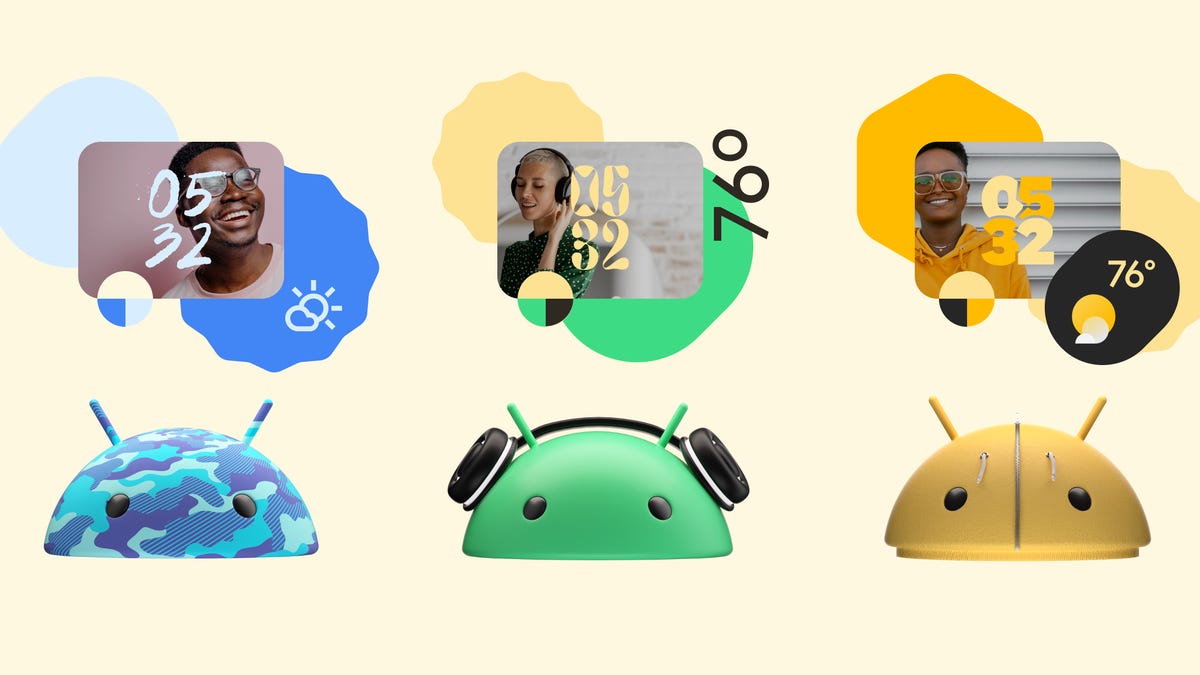 A collage showing the Android mascot in different colors and Google&apos;s new wallpapers