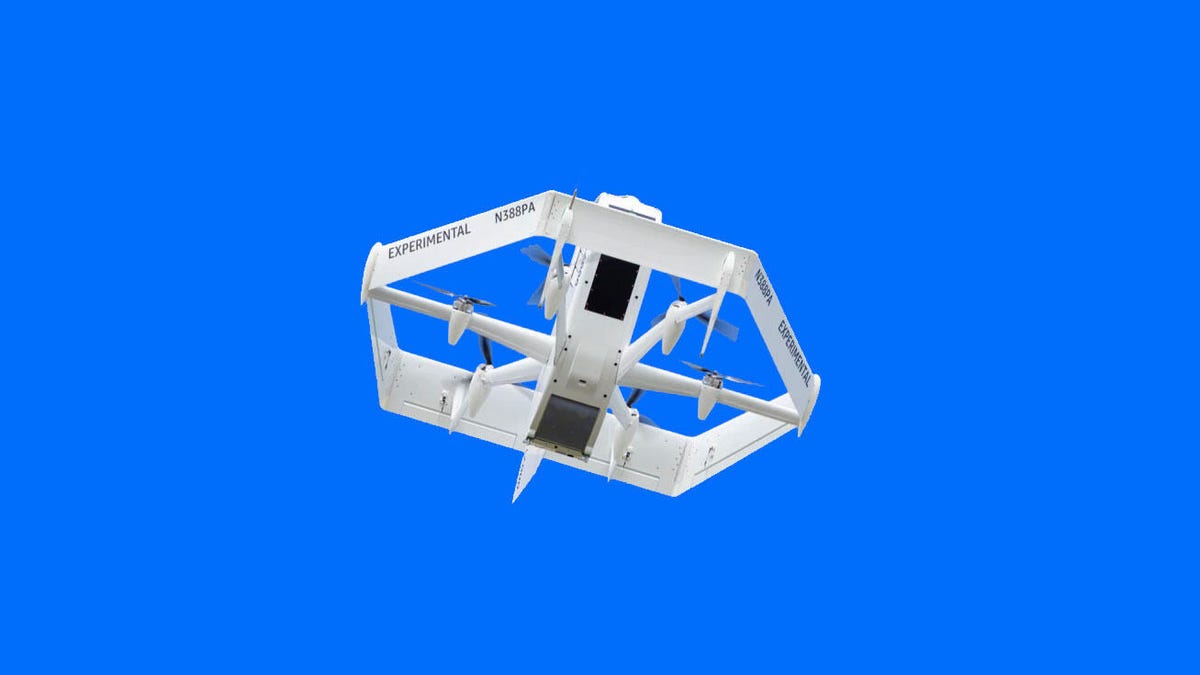 An Amazon Prime Air delivery drone with a distinctive hexagonal design