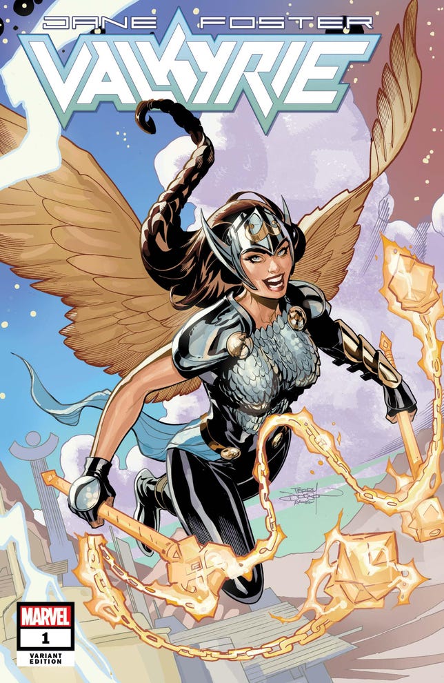 A winged, armored Jane Foster laughs as she flies on the cover of Jane Foster: Valkyrie 1