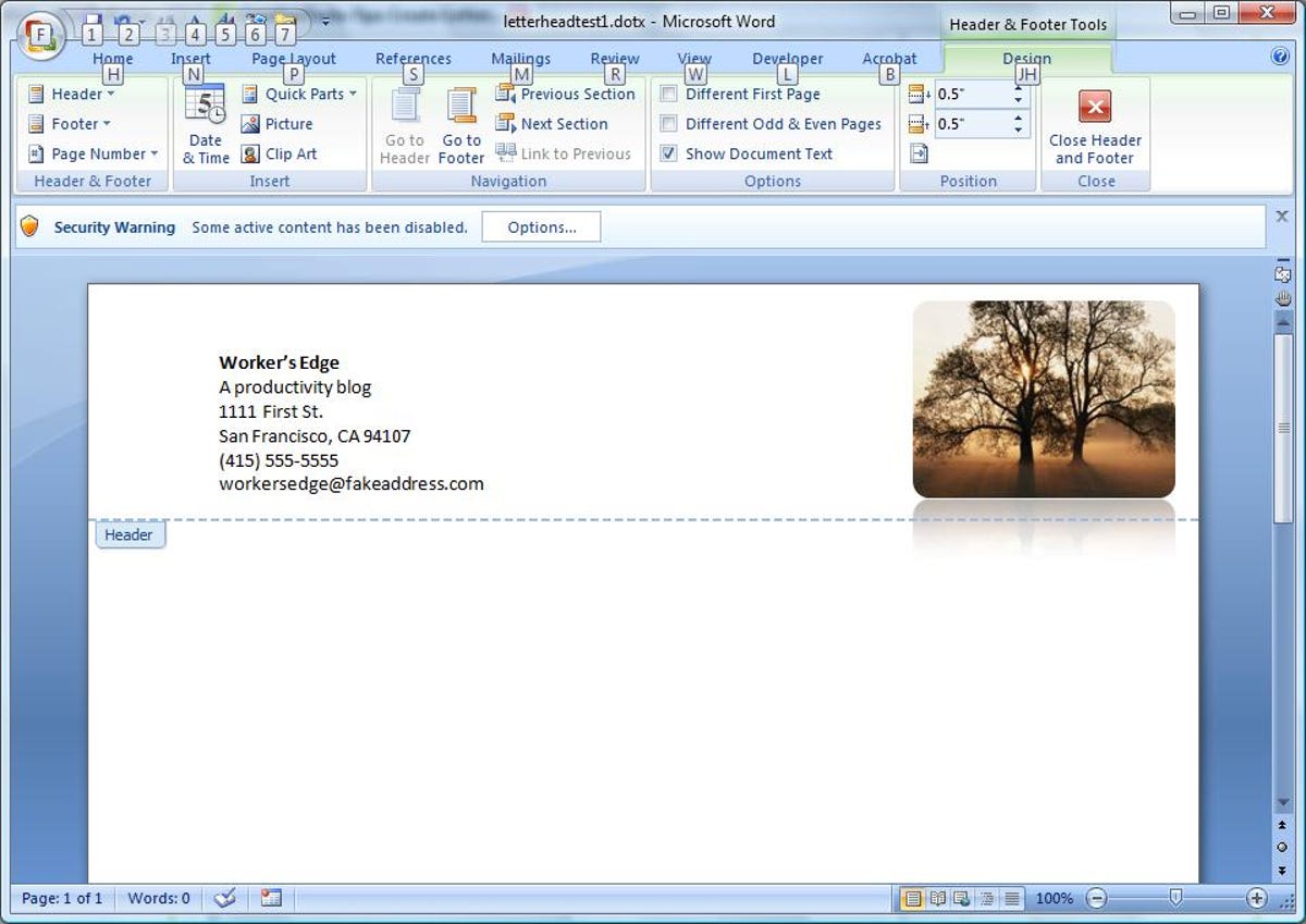 The header of a letterhead template in Microsoft Word 2007