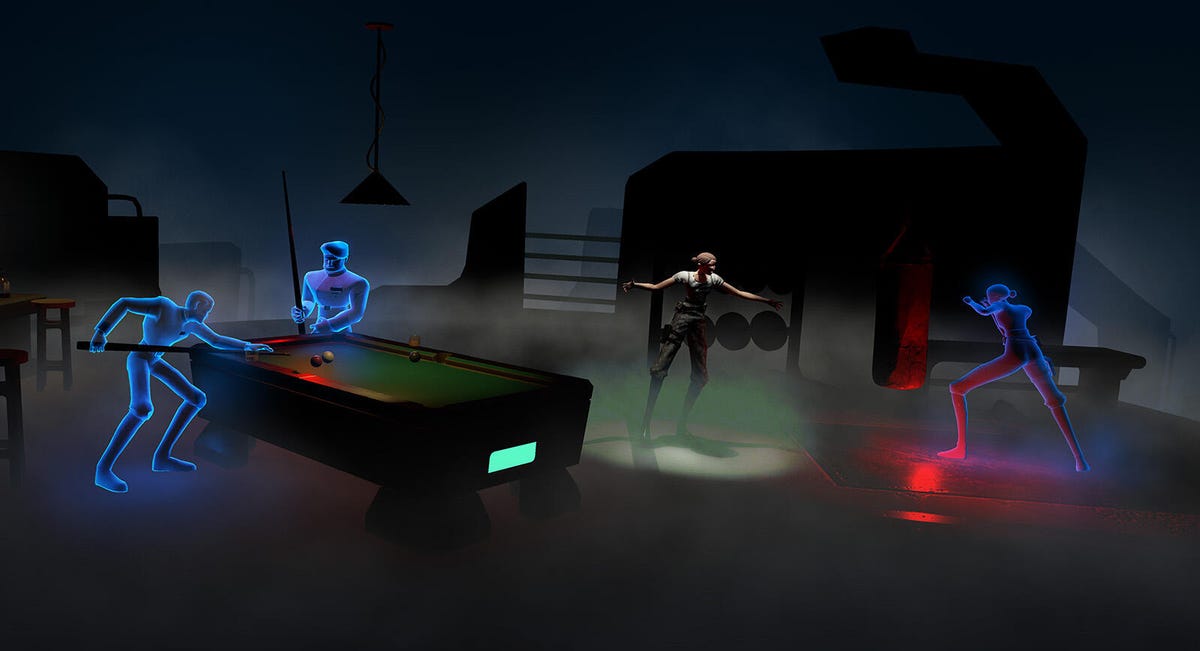 An animated Iago intervenes between a set of male holograms playing pool and a holographic version of herself, trying to box.