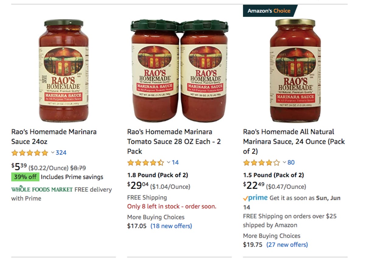 Amazon listings for Rao's Homemade Marinara Tomato Sauce