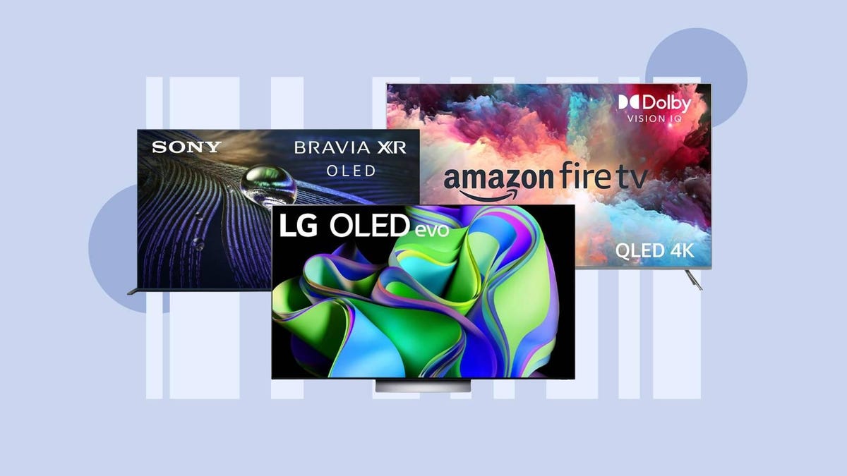 TVs from LG, Sony and Amazon are displayed against a periwinkle-gray background.