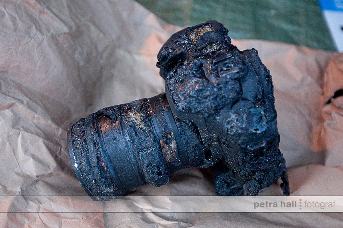 This Canon 7D was destroyed in a car fire.