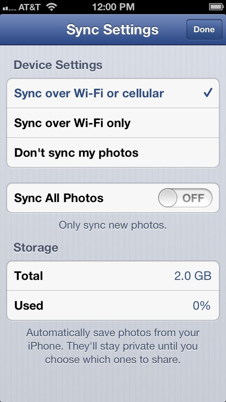 Facebook iPhone app Photo Sync settings