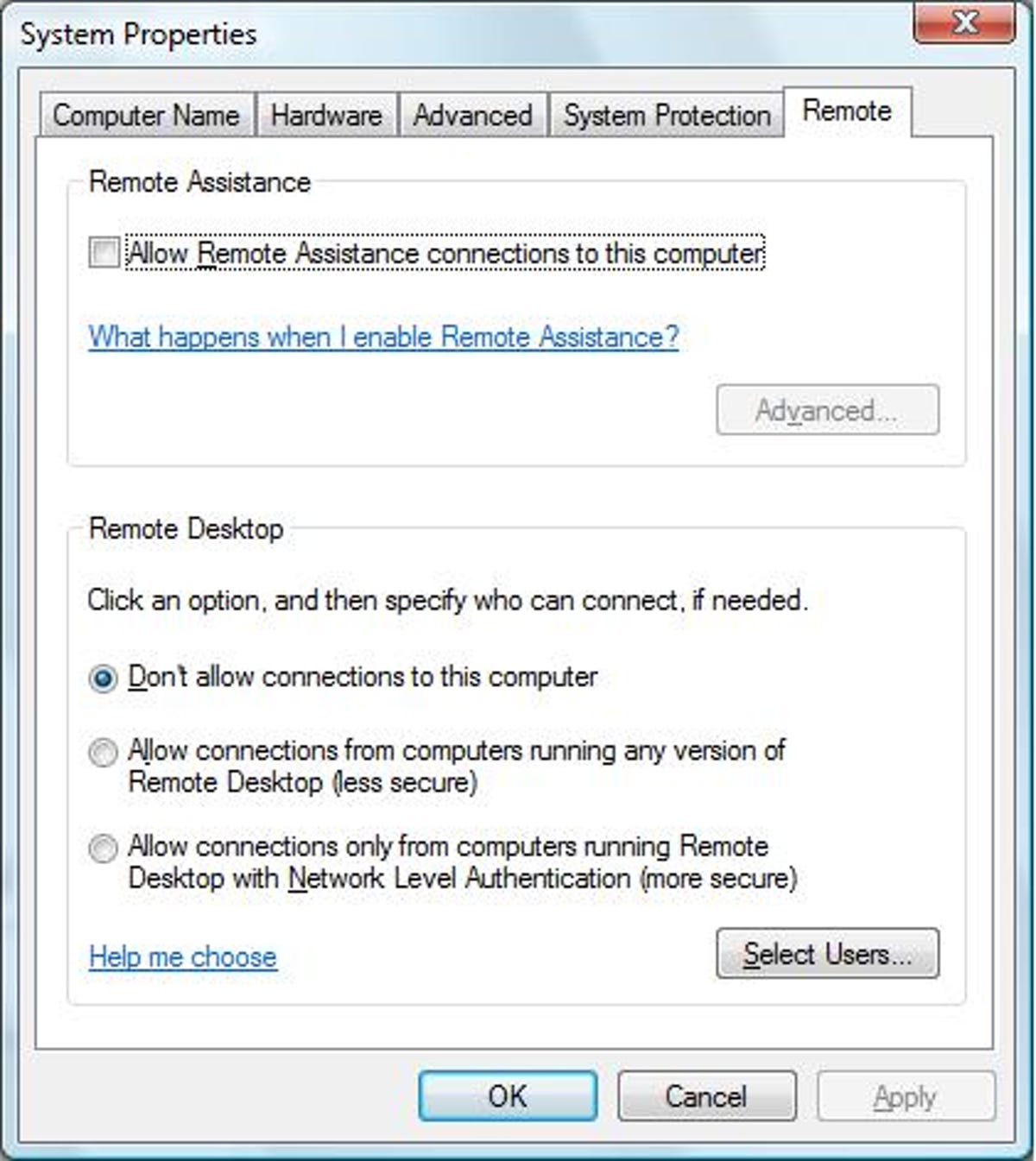 The Remote Access settings in Windows' System Properties dialog box