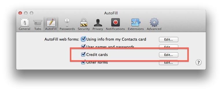 Credit Card storage settings in Safari