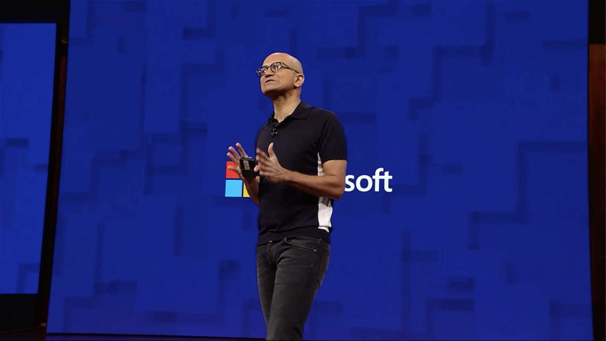 Microsoft CEO Satya Nadella on stage at last year&apos;s Build conference.