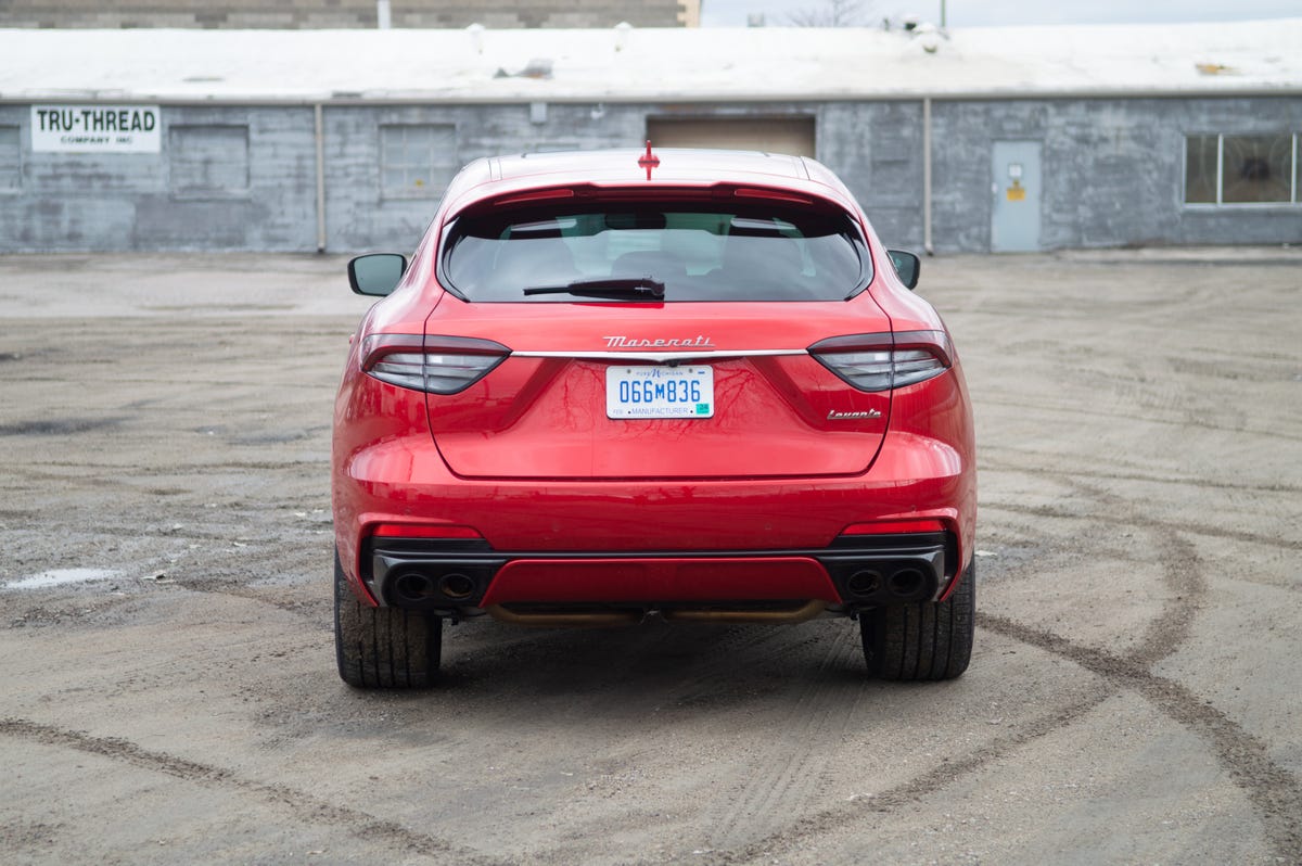 2022 Maserati Levante Trofeo in red, seen from the rear above