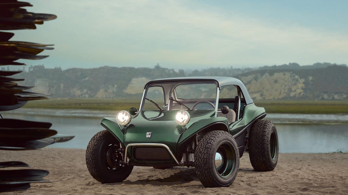 Front 3/4 view of a green Meyers Manx 2.0 Electric dune buggy