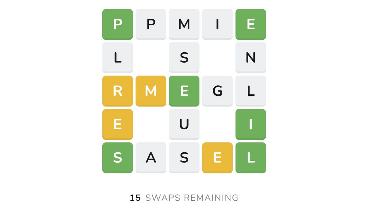 The Waffle word game, awaiting swaps