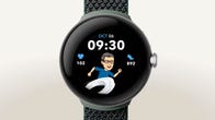 Google Pixel Watch showing the time and running stats, including steps and heart rate