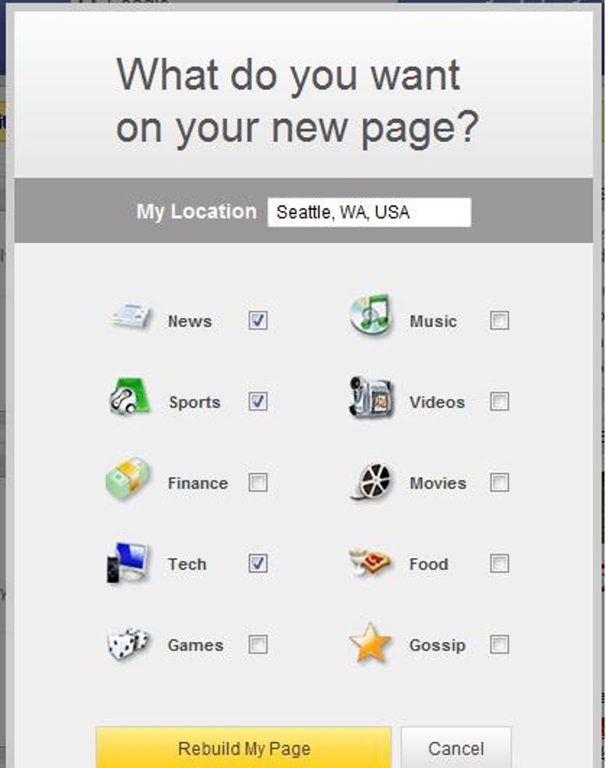 Pageflakes information categories