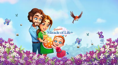 The title card for Delicious Miracle of Life Plus showing a father, pregnant mother and child in a field of flowers