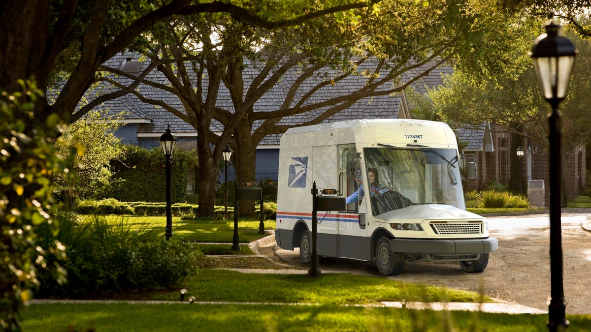 next-generation mail truck parked in a cul de sac