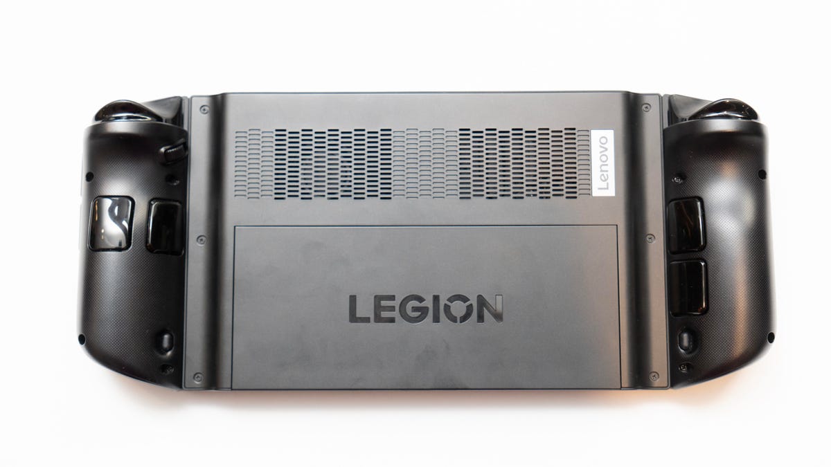 The back side of Lenovo's Legion Go gaming handheld, showing vents and a rear kickstand