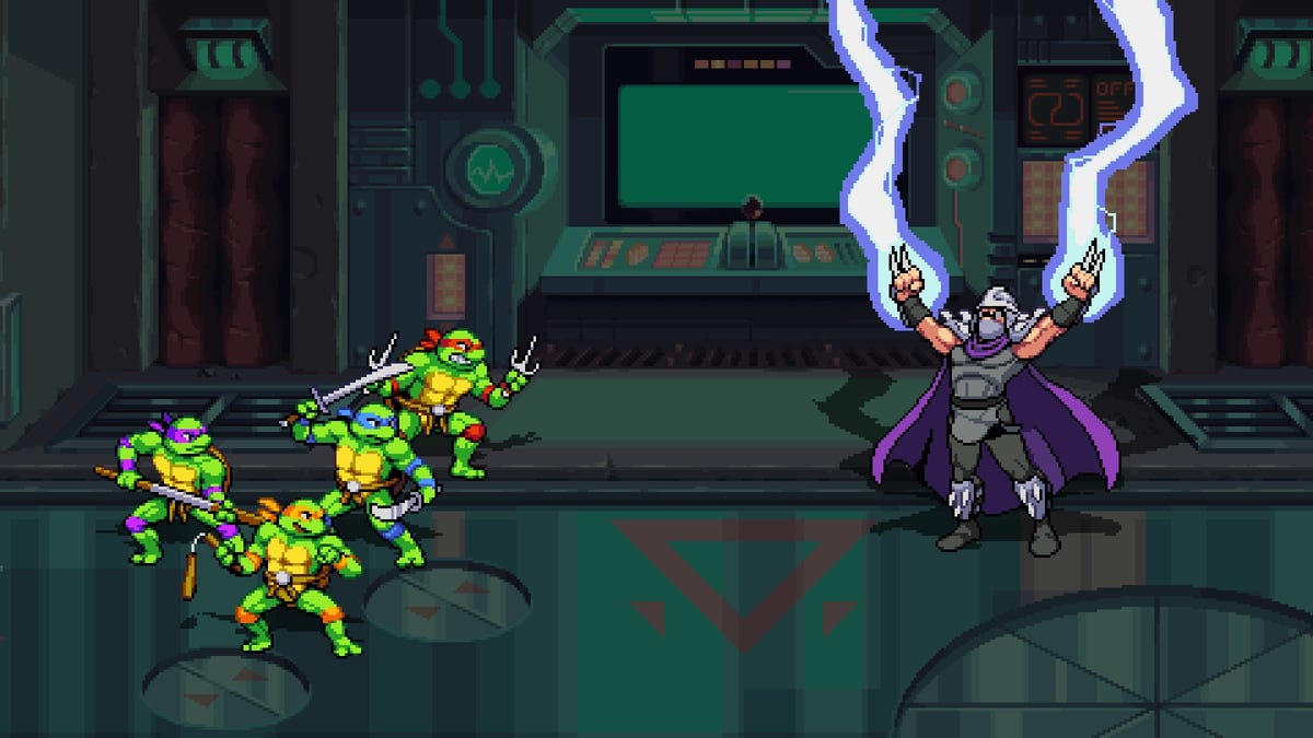 the ninja turtles are about to battle against shredder who has lighting coming from his claws
