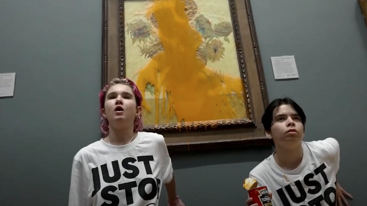 Just Stop protesters speak after throwing soup on Van Gogh's Sunflowers in London