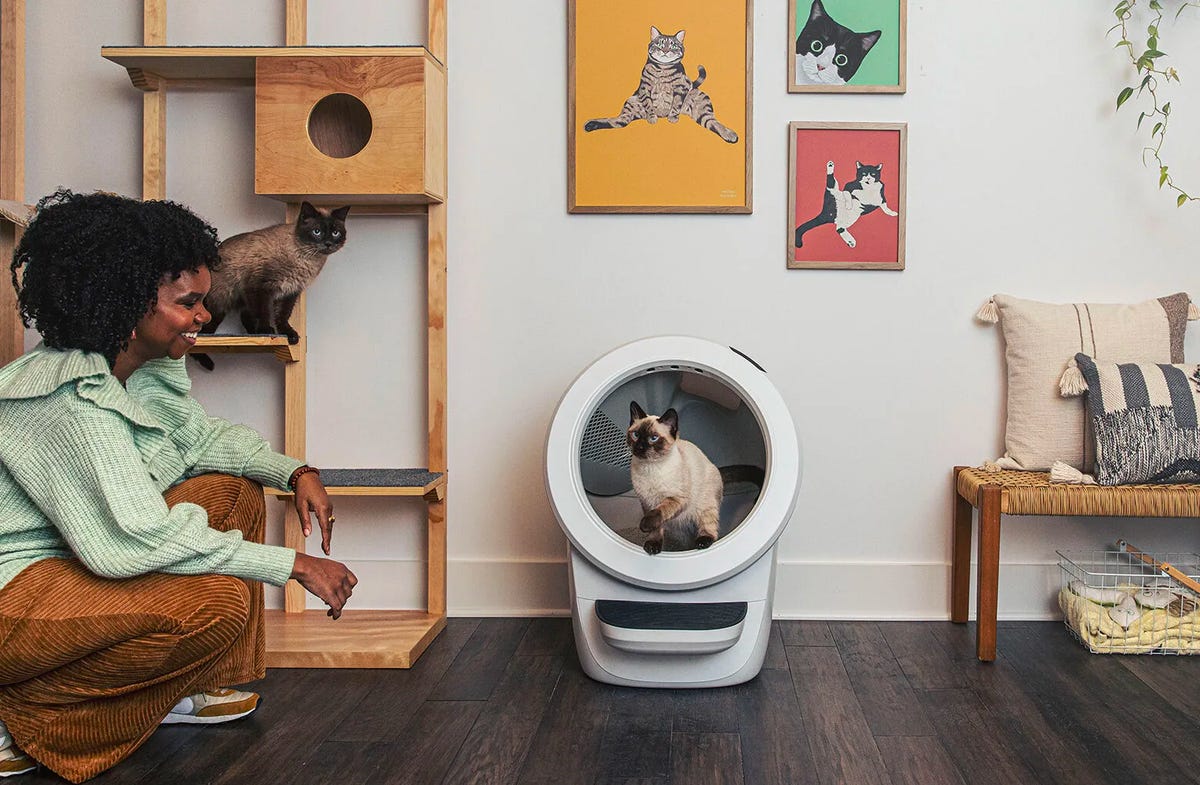 woman kneeling in front of robotic litter box with two cats