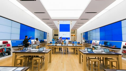Microsoft's newest store is also its largest. It's the first with two floors, and it features a distinct 30-foot wall of display monitors. Two more rows of displays flank this centerpiece.