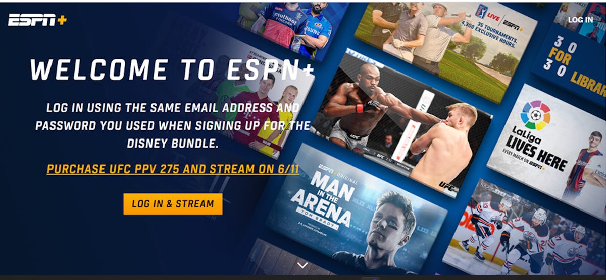 ESPN Plus welcome page where a yellow button prompts you to log in and start streaming.