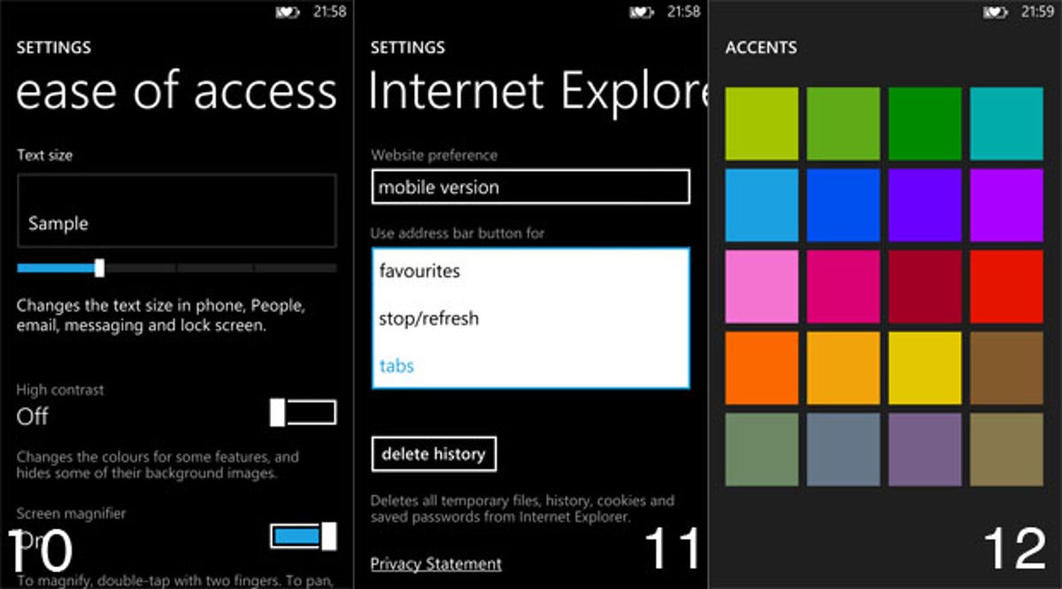 How to increase text size, adjust tab settings, and select an accent color on Windows Phone 8.