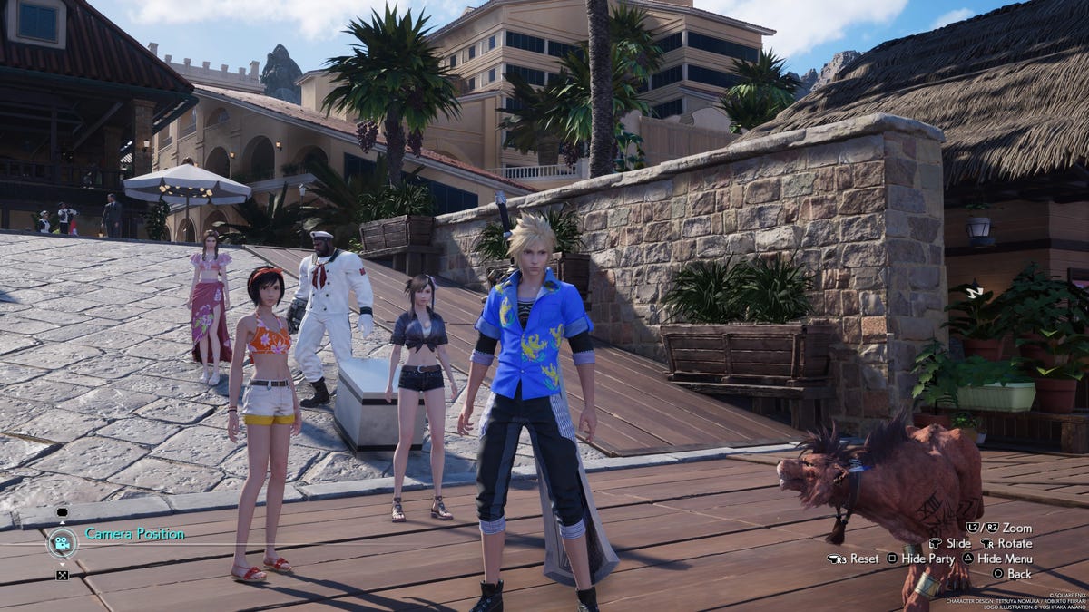 The party in their various costumes: more comfortable beachside attire for Cloud, Tifa, Aerith and Yuffie, while Barret has an honest-to-god white sailor outfit on. It's perfect.