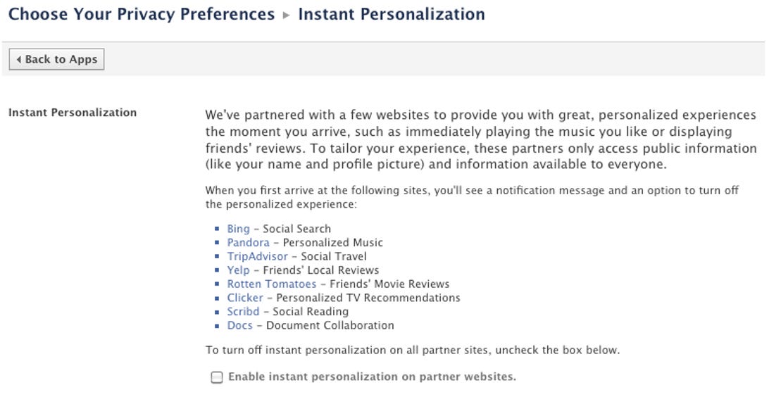 Facebook Instant Personalization settings