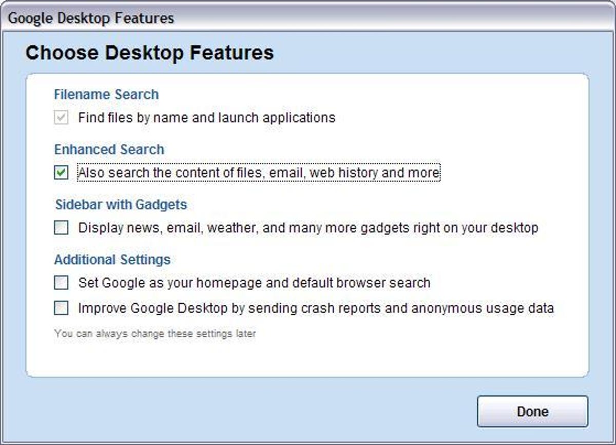 The installation options for Google Desktop Search