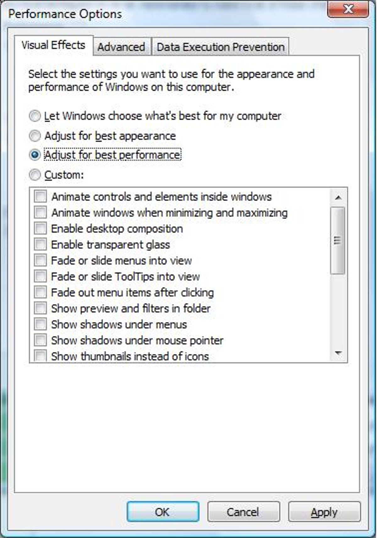 The Windows Performance Options dialog box.