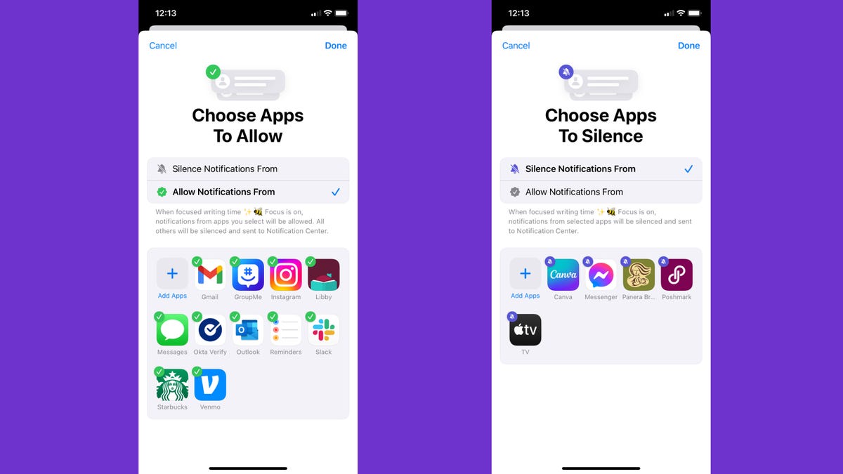 Dos capturas de pantalla de iPhone que te permiten seleccionar qué aplicaciones te notifican