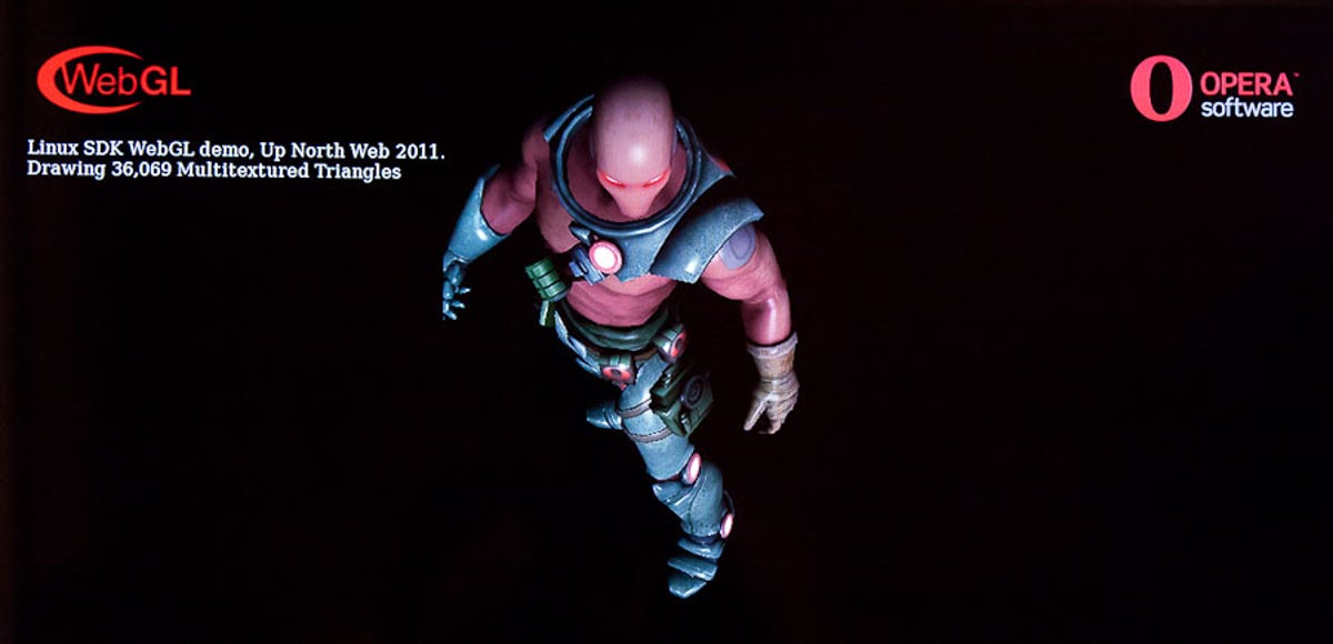 Opera showed this WebGL demonstration of a walking 3D figure at its Up North Web event. Opera 12 will support the WebGL technology for 3D graphics among other hardware-accelerated features