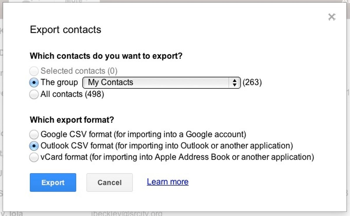 Gmail options for exporting contacts