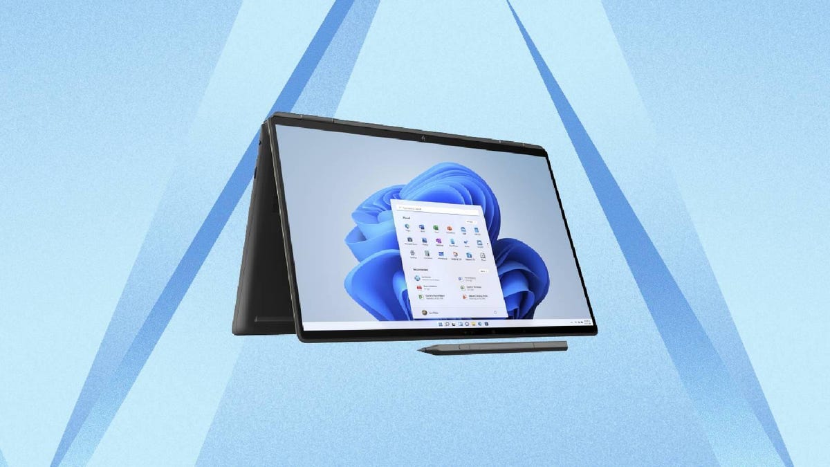 An open HP Spectre two-in-one laptop and stylus against a blue background.