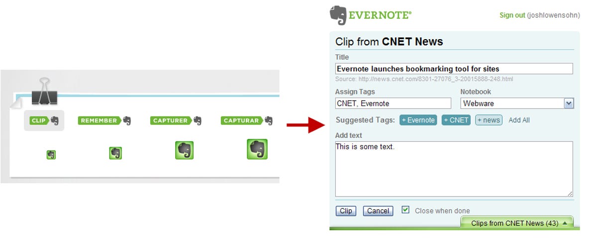 Evernote's Site Memory buttons in action.