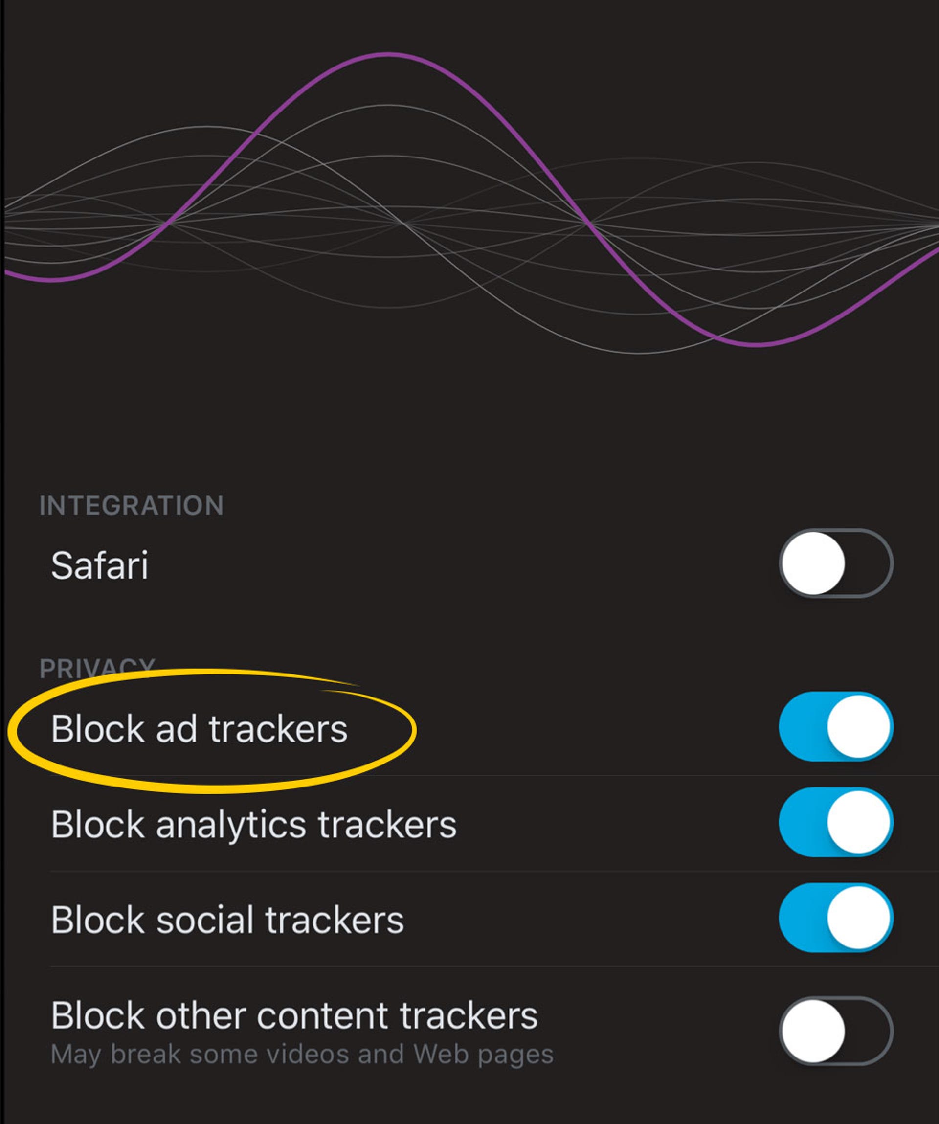 ​Firefox Focus lets you disable different tracking technologies as you use the web.