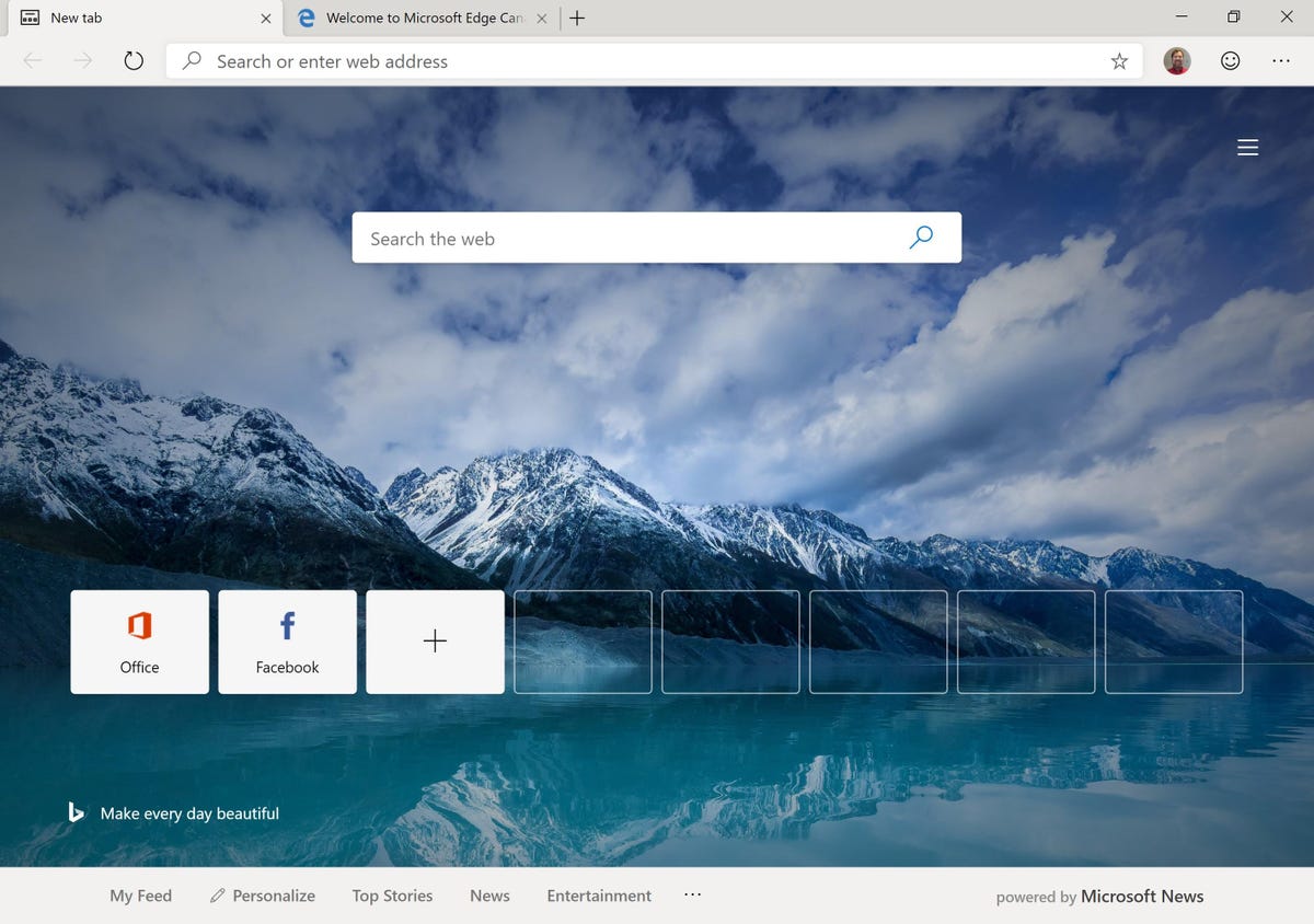 Chromium-based Microsoft Edge offers to show new tabs with a scenic background, though barer-bones options are available. If you don't import earlier browsing data, it comes with tabs for Microsoft Office and Facebook.