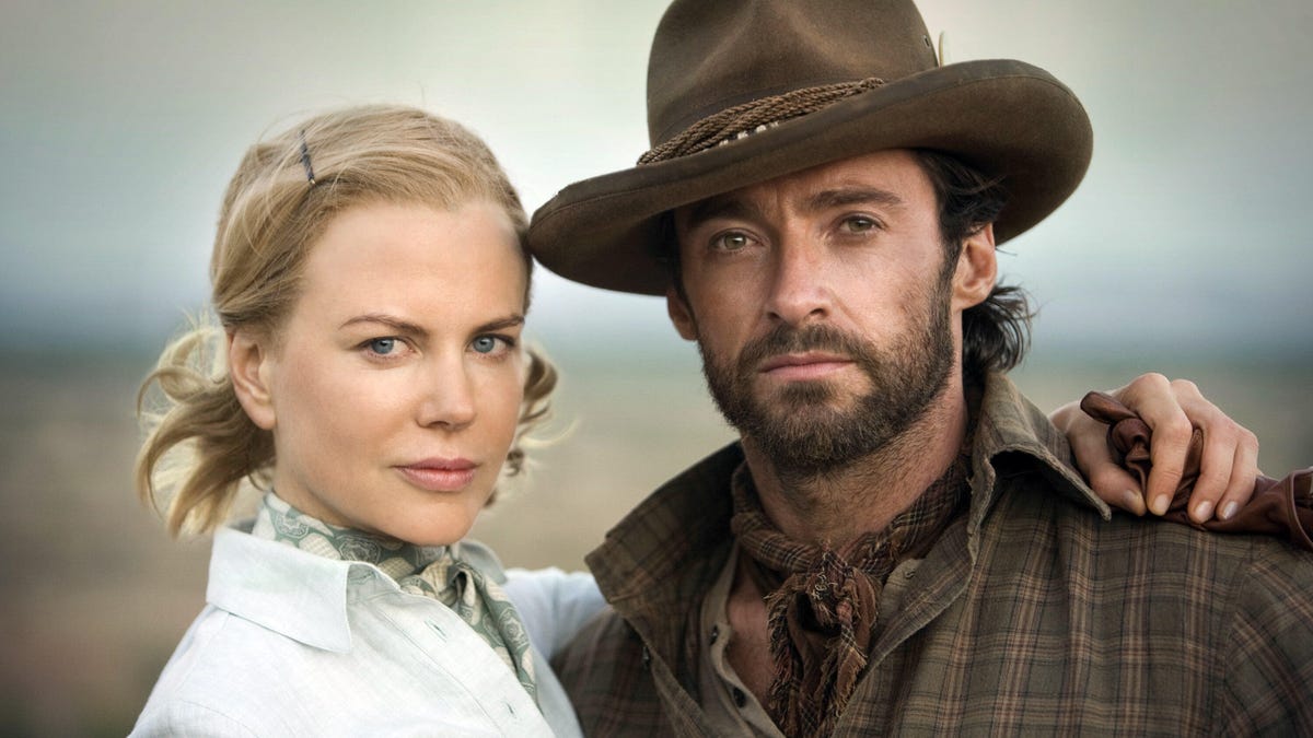 Nicole Kidman and Hugh Jackman smolder in western clothes in the film Australia.