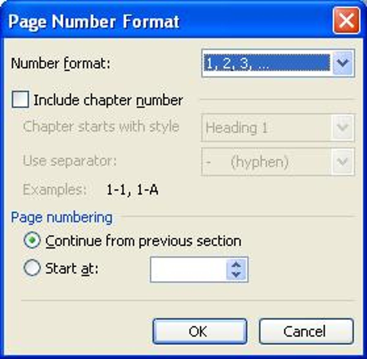 Microsoft Word 2003 Page  Number Format dialog box