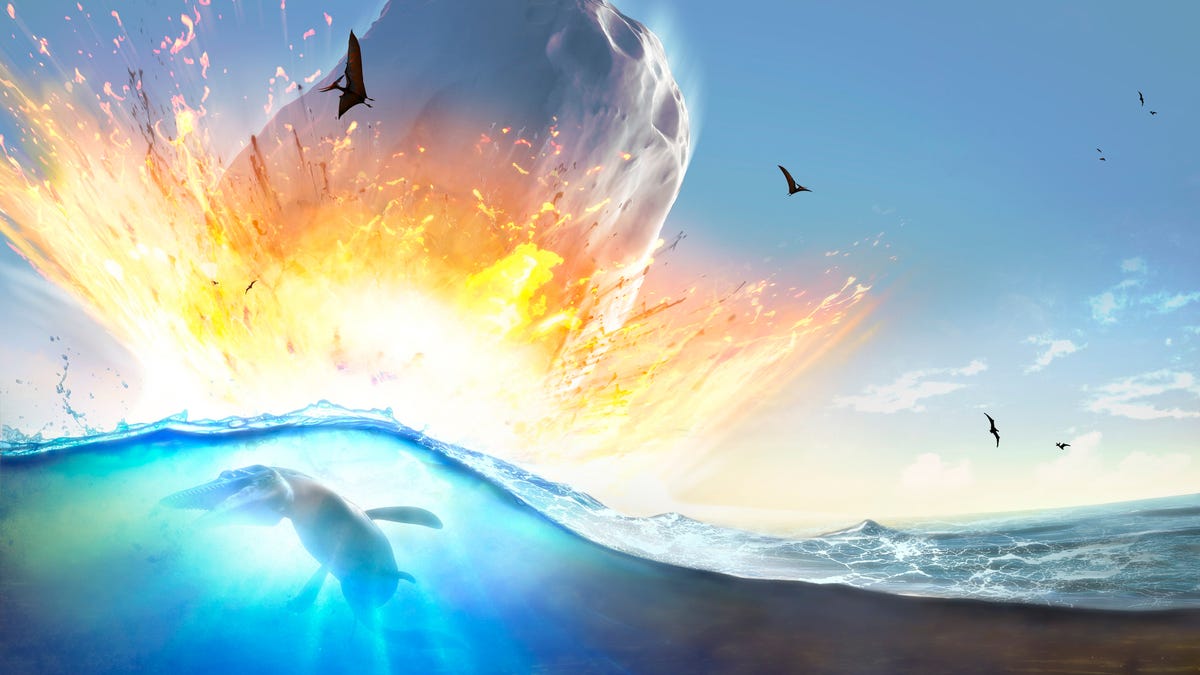 A huge asteroid slams into the ocean, in the water, a dinosaur appears pained, while pterosaurs fly away from the impact site