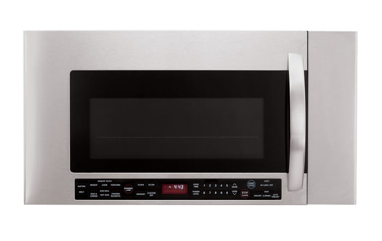 The LG over-the-range microwave with warming lamp in stainless steel.