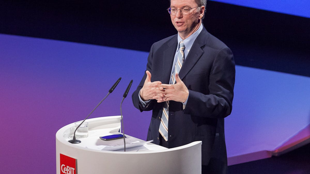 Google Executive Chairman Eric Schmidt speaks at the CeBIT opening ceremonies.