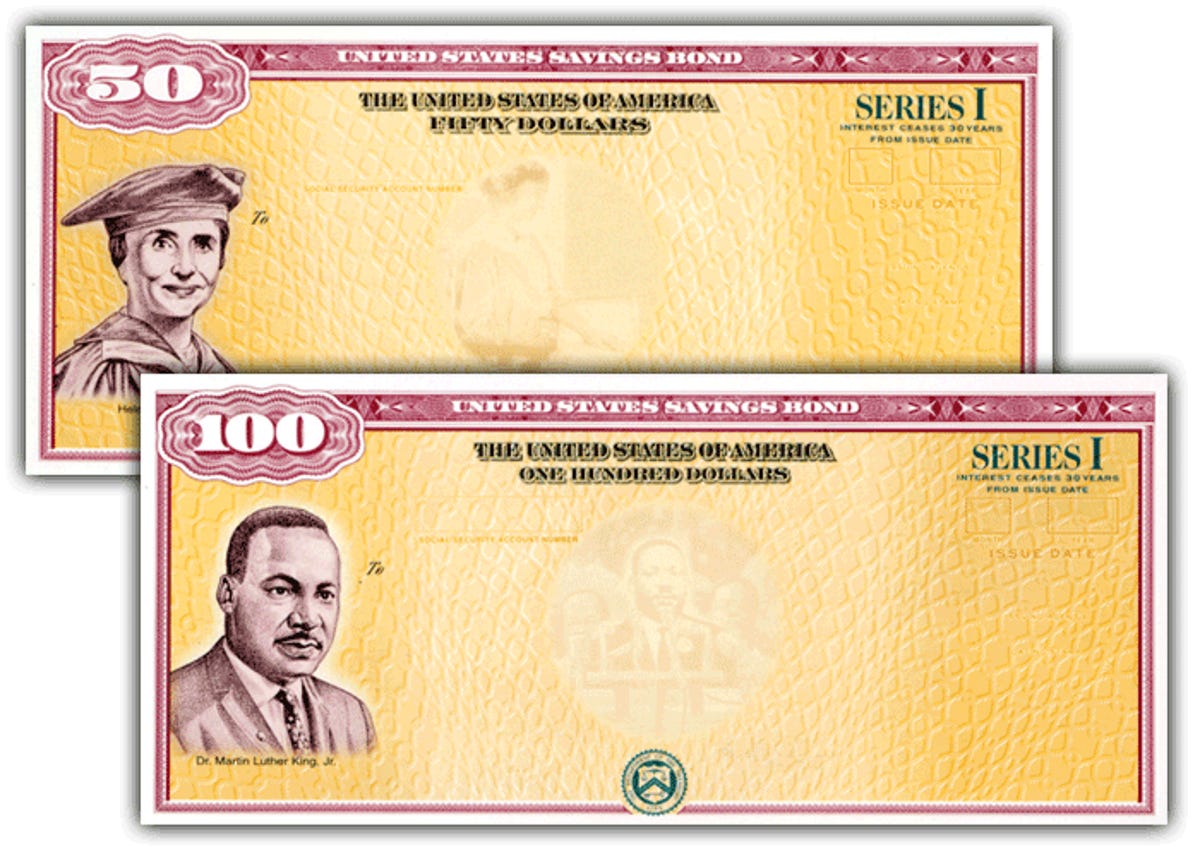 A picture of Hellen Keller on the $50 I bond and Martin Luther King Jr. on the $100 I bond