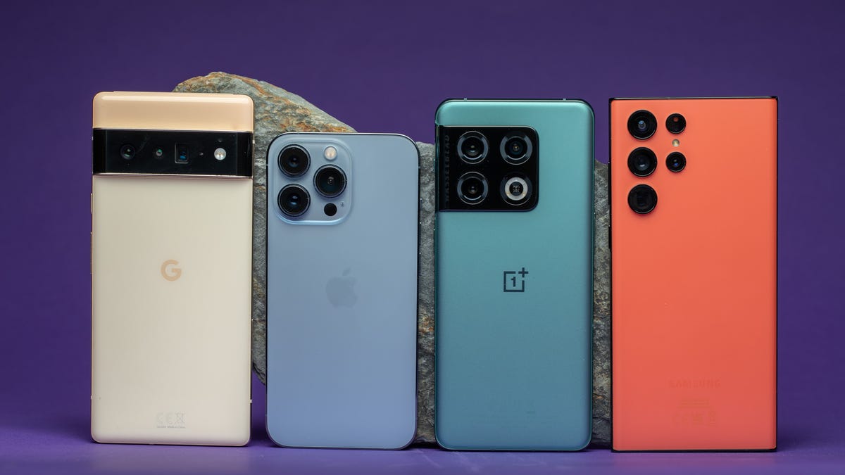 An array of four phones: Pixel 6 Pro, iPhone 13 Pro, OnePlus 10 Pro, Samsung Galaxy S22 Ultra