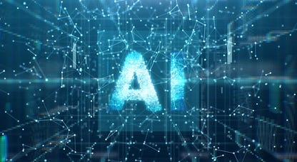 An image of the letters AI on top of computer code.